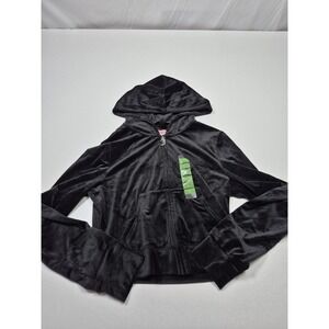Juicy Couture Hoodie Womens L Black Classic Velour Full Zip Rhinestone Logo